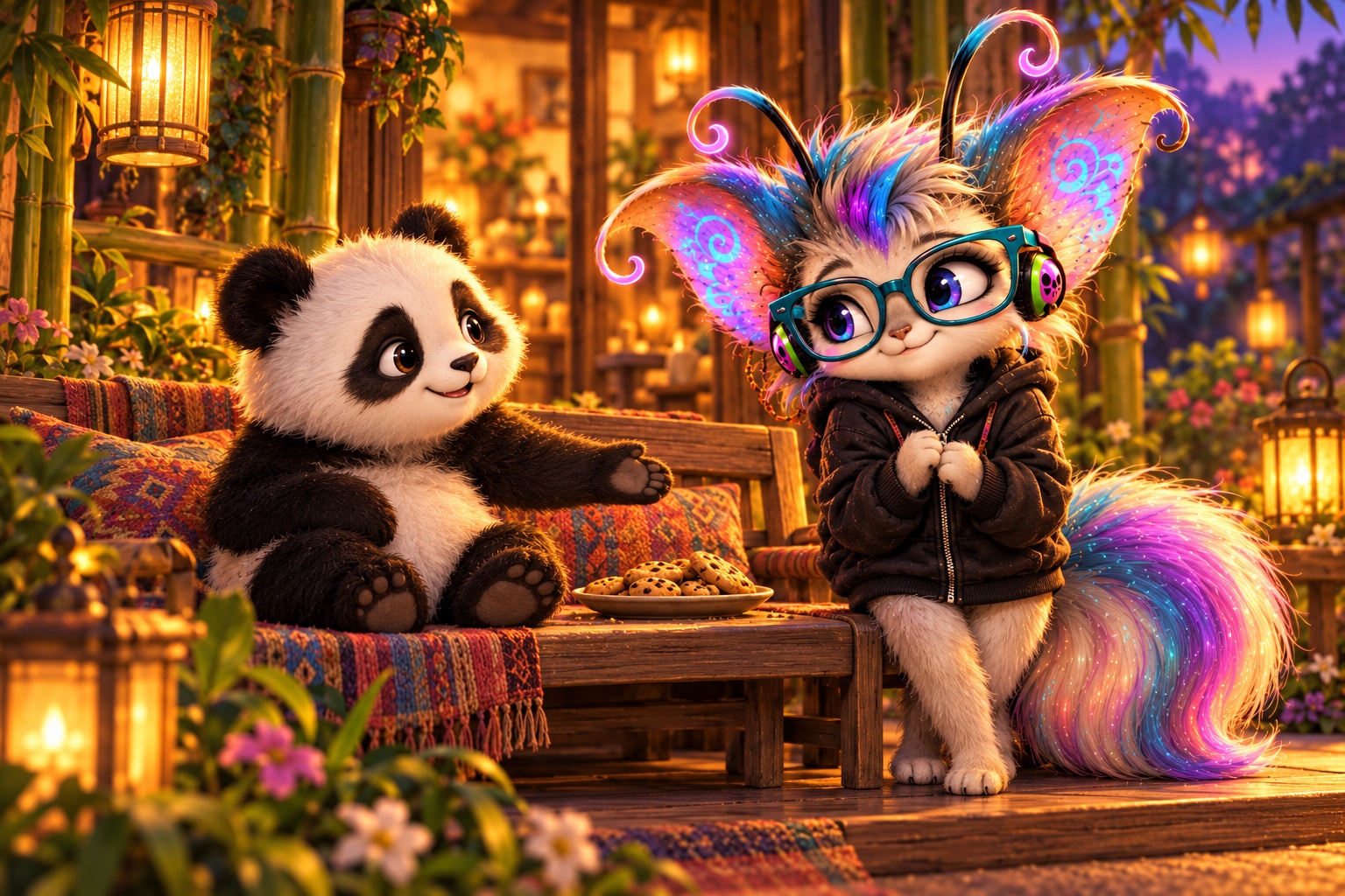 Ziggy the panda gestures to a place beside him on a blanket-covered bench, welcoming Remy, who wears teal glasses, headphones, and a dark hoodie, beside a plate of biscuits in a lantern-lit bamboo garden.