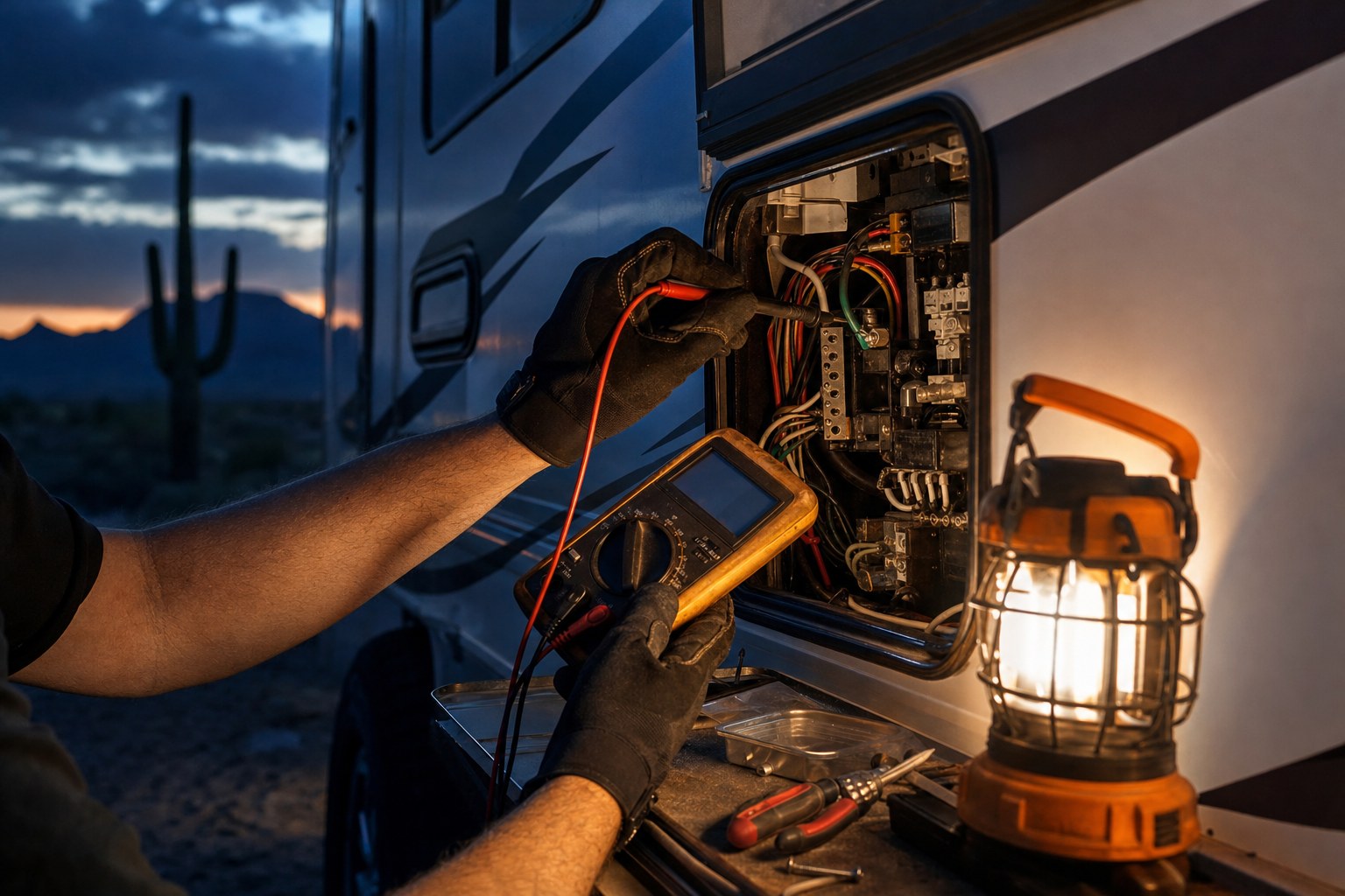 Technician diagnosing an RV electrical system with a meter