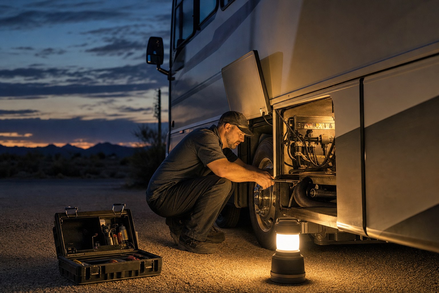 After-hours RV repair work under a portable light