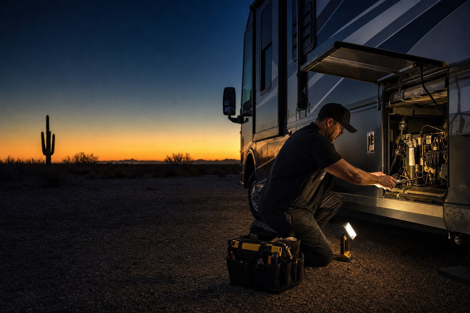 Technician repairing an RV exterior compartment at dusk in the Yuma desert