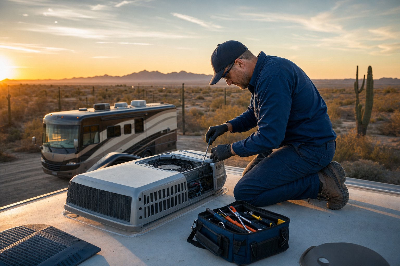RV maintenance work in the desert