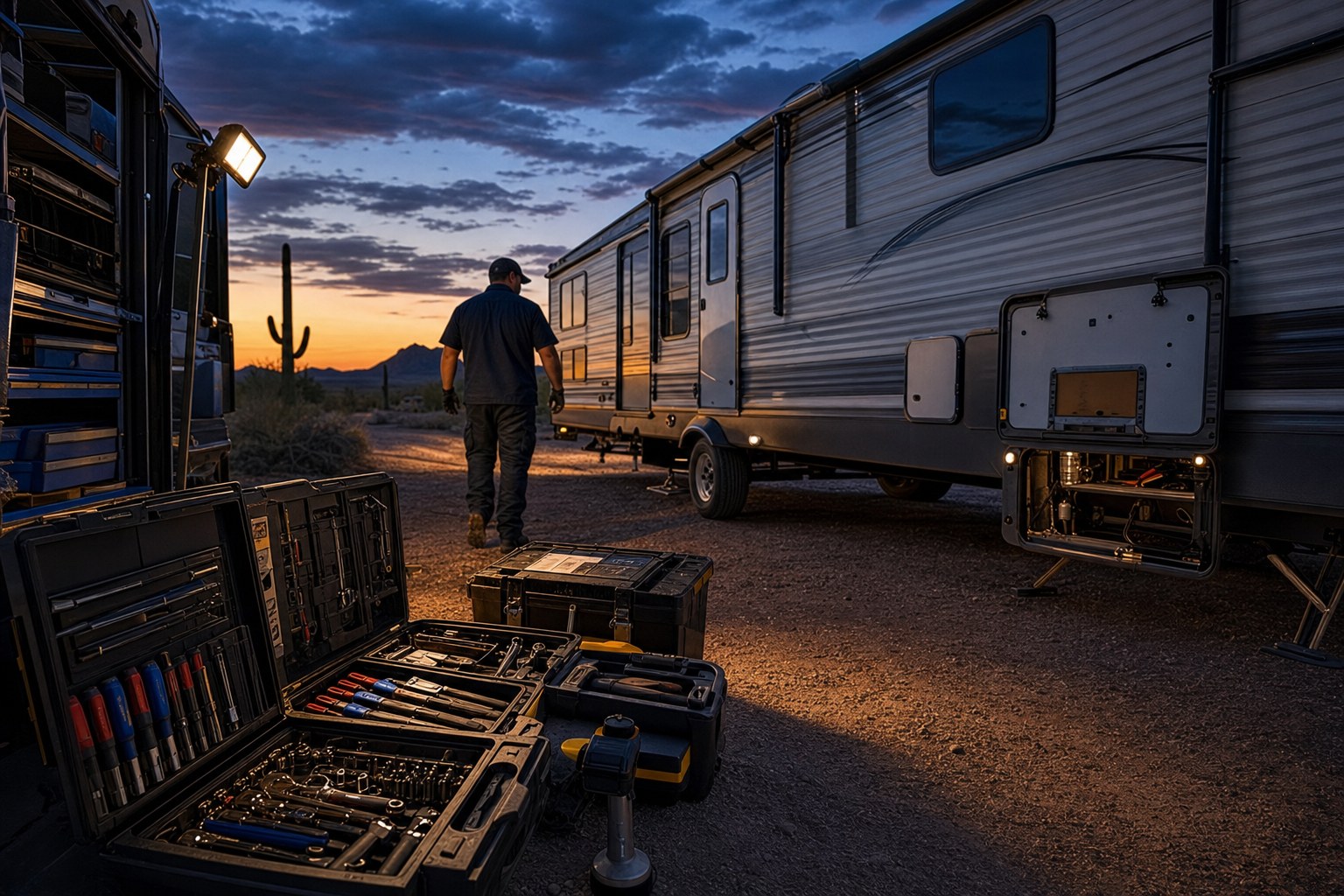 Mobile RV repair equipment ready beside a travel trailer at twilight