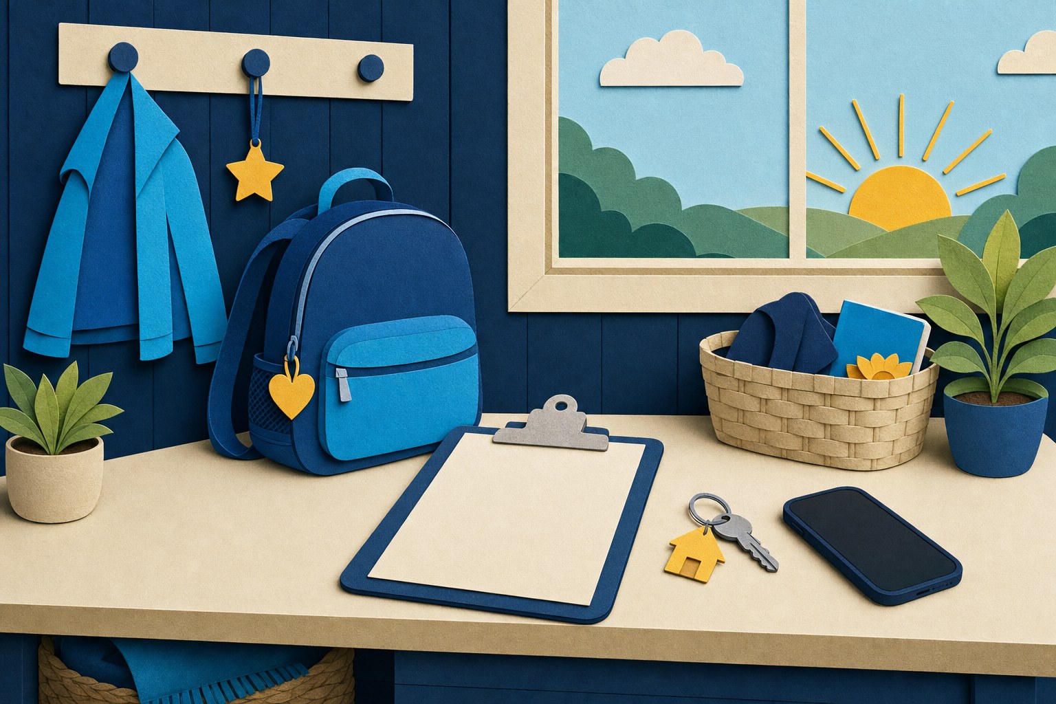 Illustrated childcare handoff table with a backpack, clipboard, keys, and sunrise