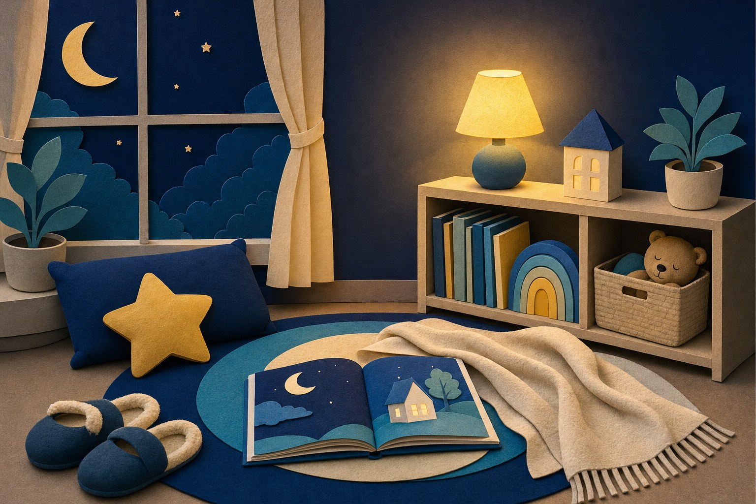 Illustrated evening reading corner with a book, blanket, slippers, and moonlit window