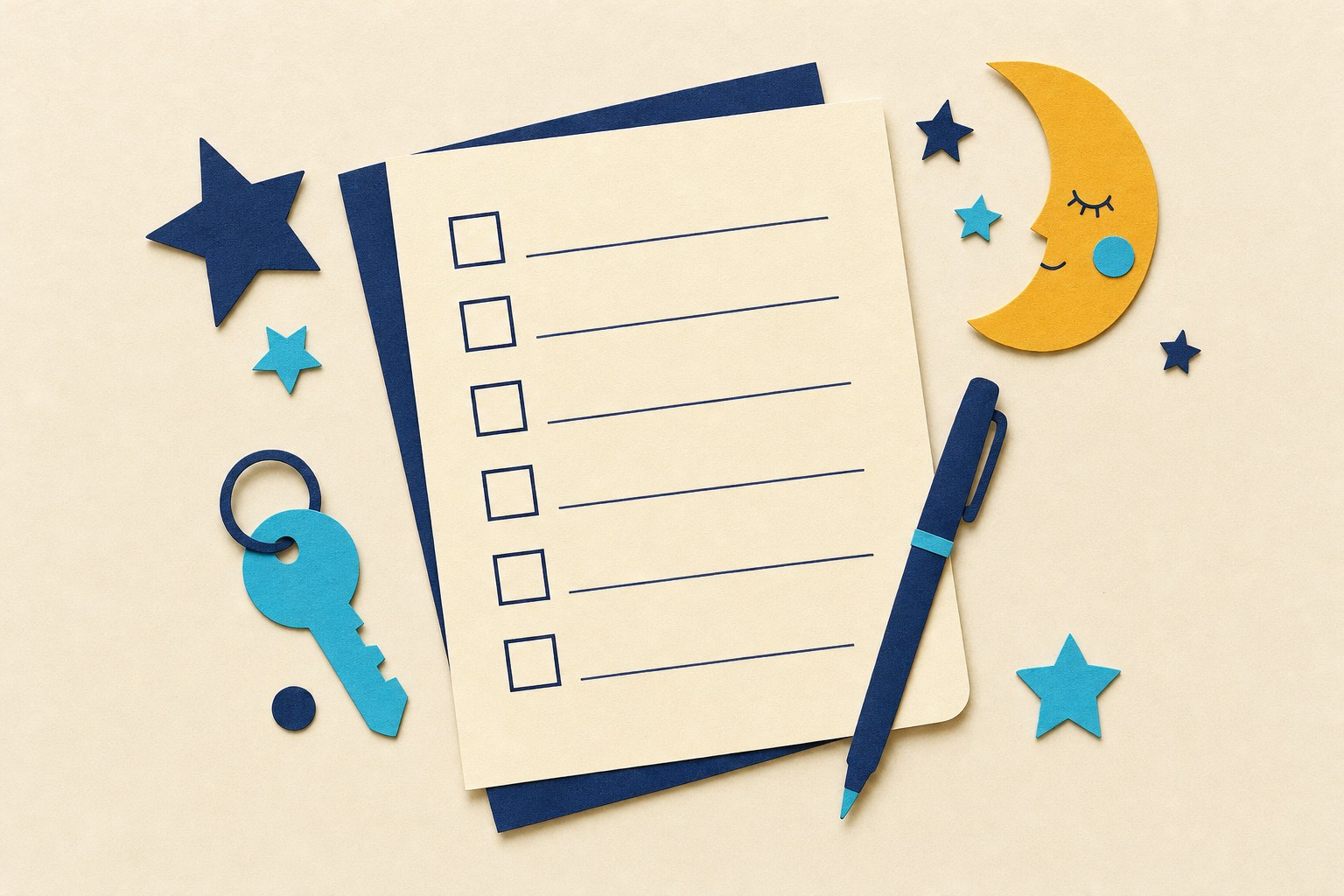 Illustrated overnight childcare planning checklist with a key and moon