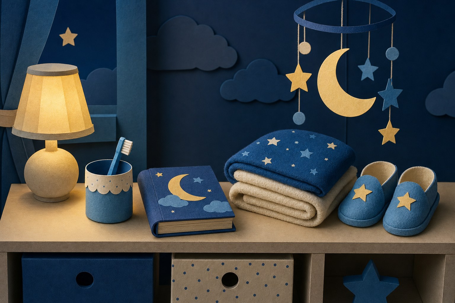 Illustrated calm bedtime routine with storybook, blanket, slippers, and moon mobile