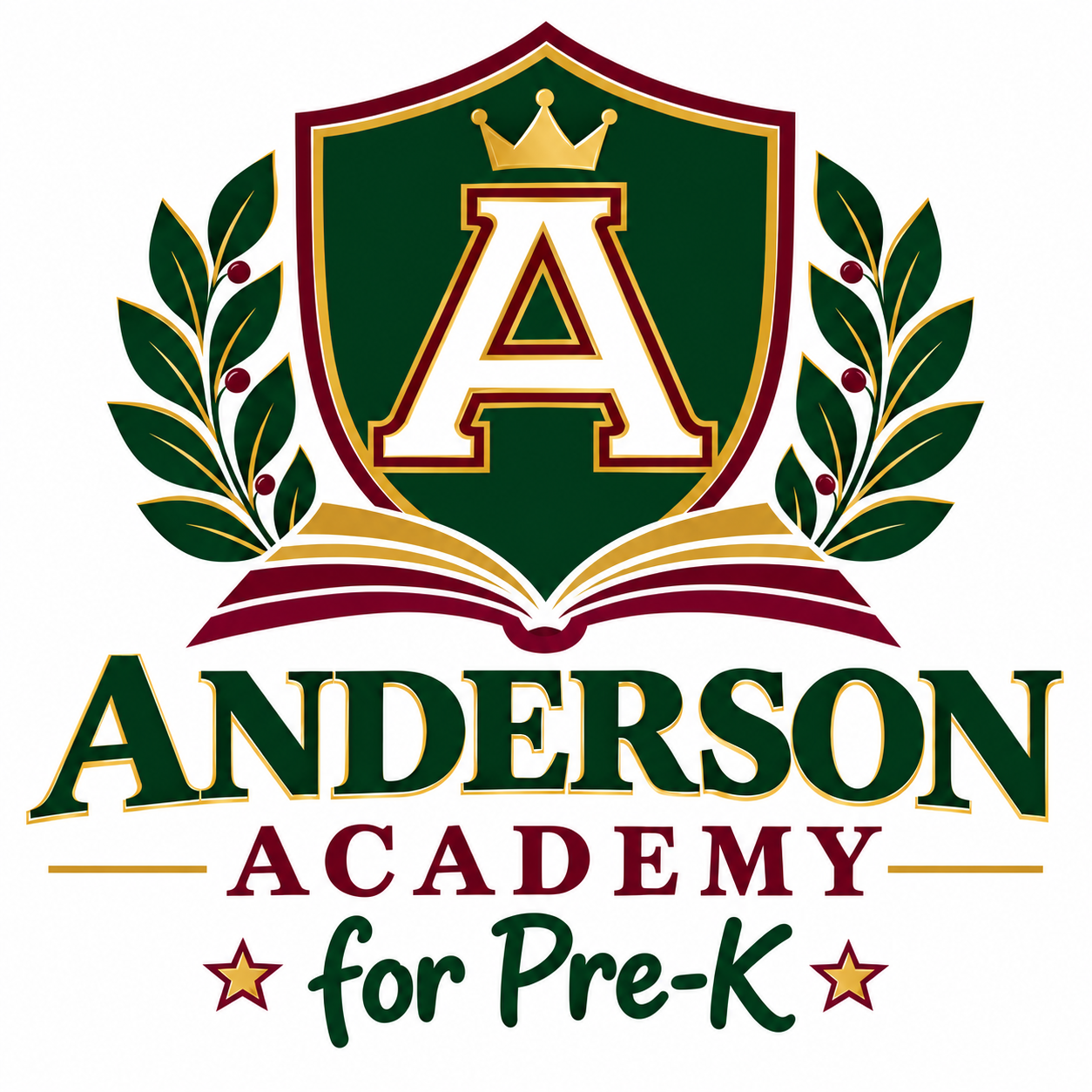 Anderson Academy for Pre-K crest with a crowned shield, open book, and laurel branches