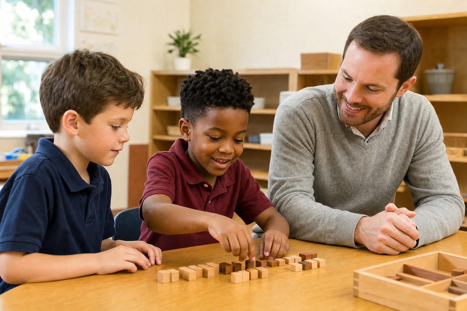 Students working together with hands-on math materials and an educator