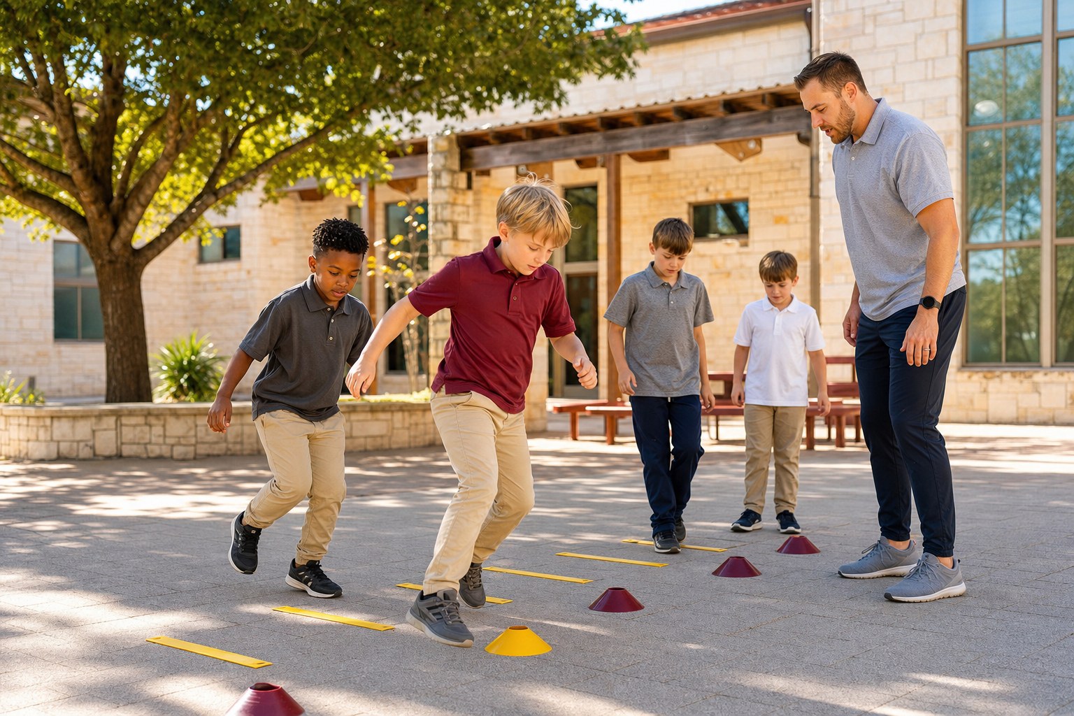 Boys take part in a structured outdoor movement activity with an educator
