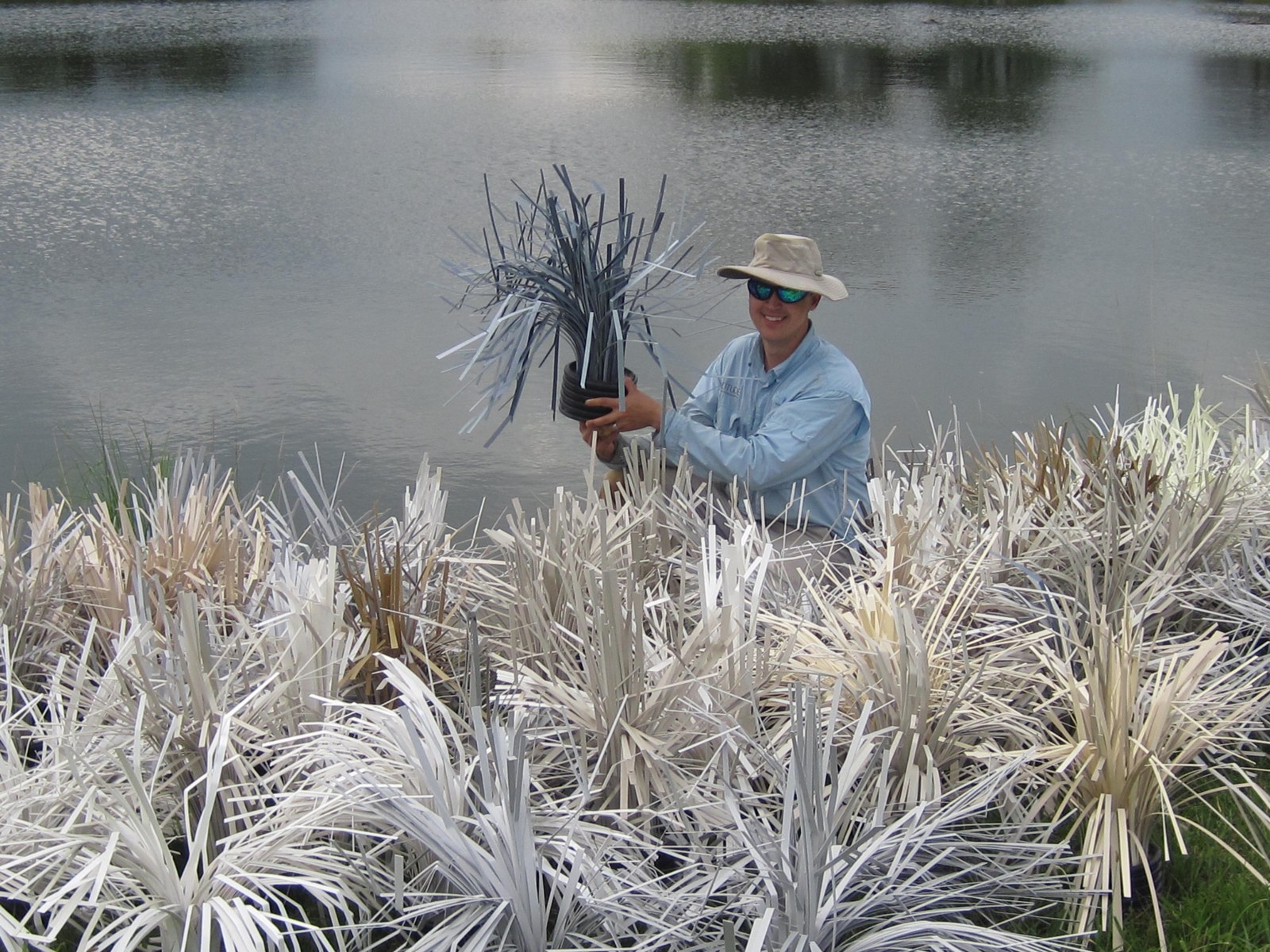 Fishiding habitat units prepared beside a pond