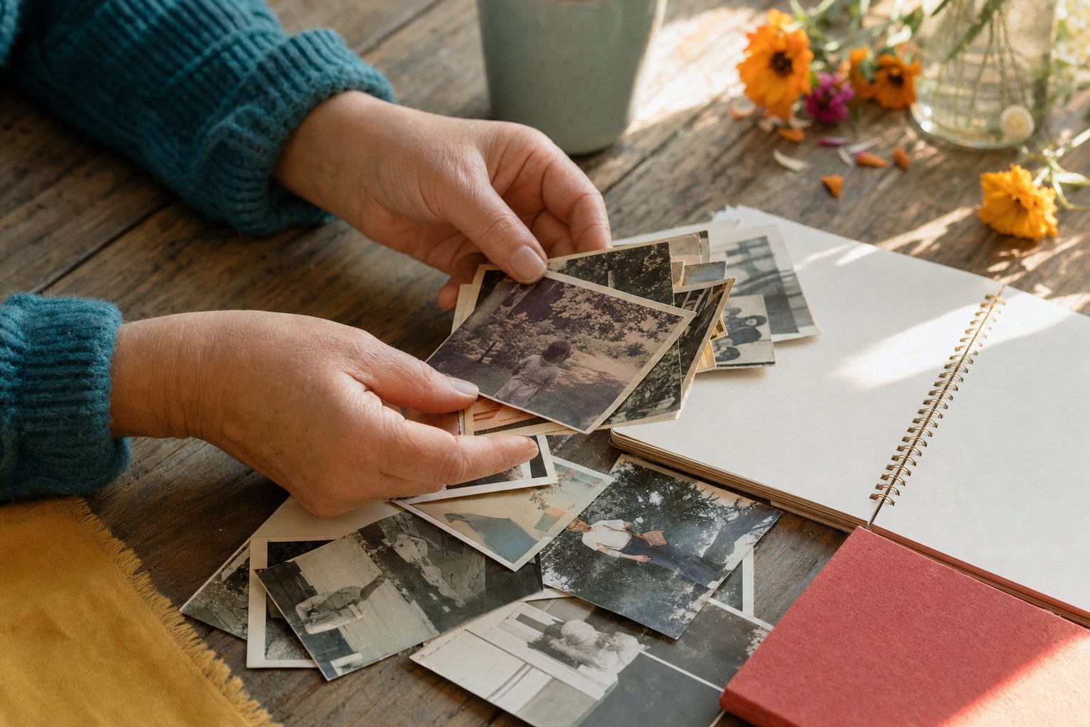Hands sorting family snapshots beside a notebook