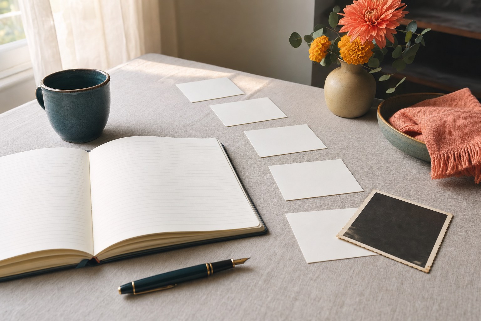 An open notebook, blank story cards, and a teal cup on a sunlit table