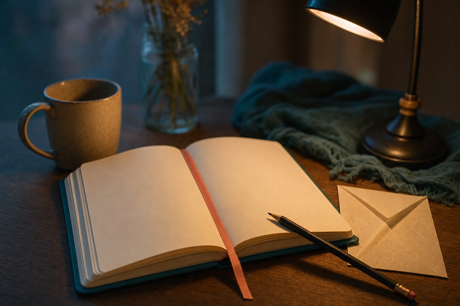 An open notebook and pencil beneath a warm desk lamp