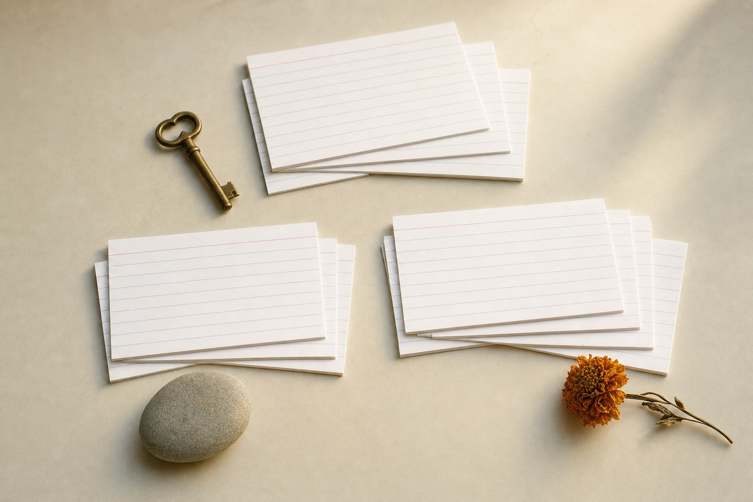 Three groups of blank index cards with a key, stone, and flower