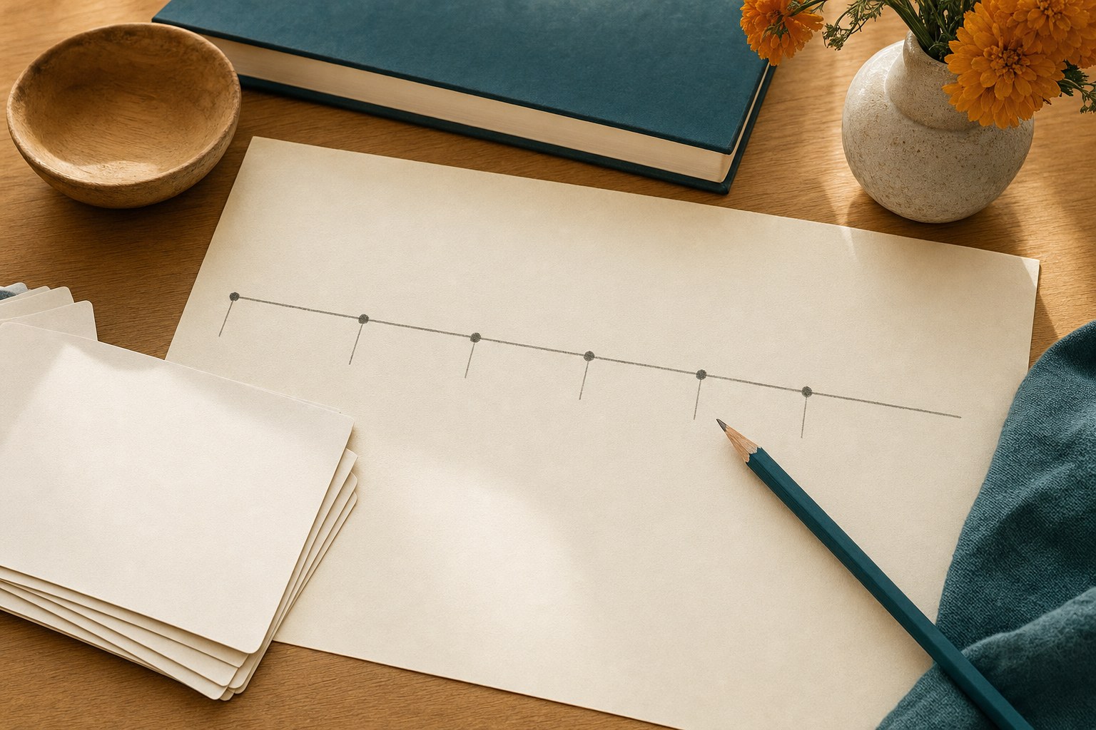 A simple timeline on cream paper beside a pencil and blank cards