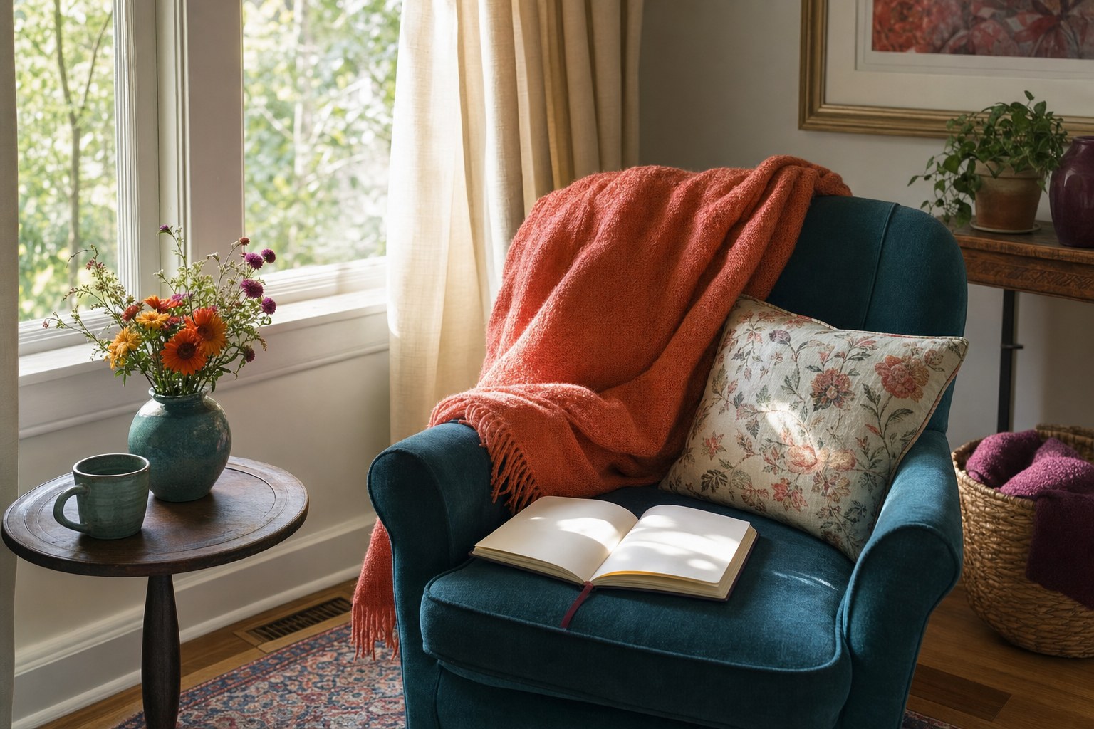 A quiet reading chair beside a sunlit window with an open notebook
