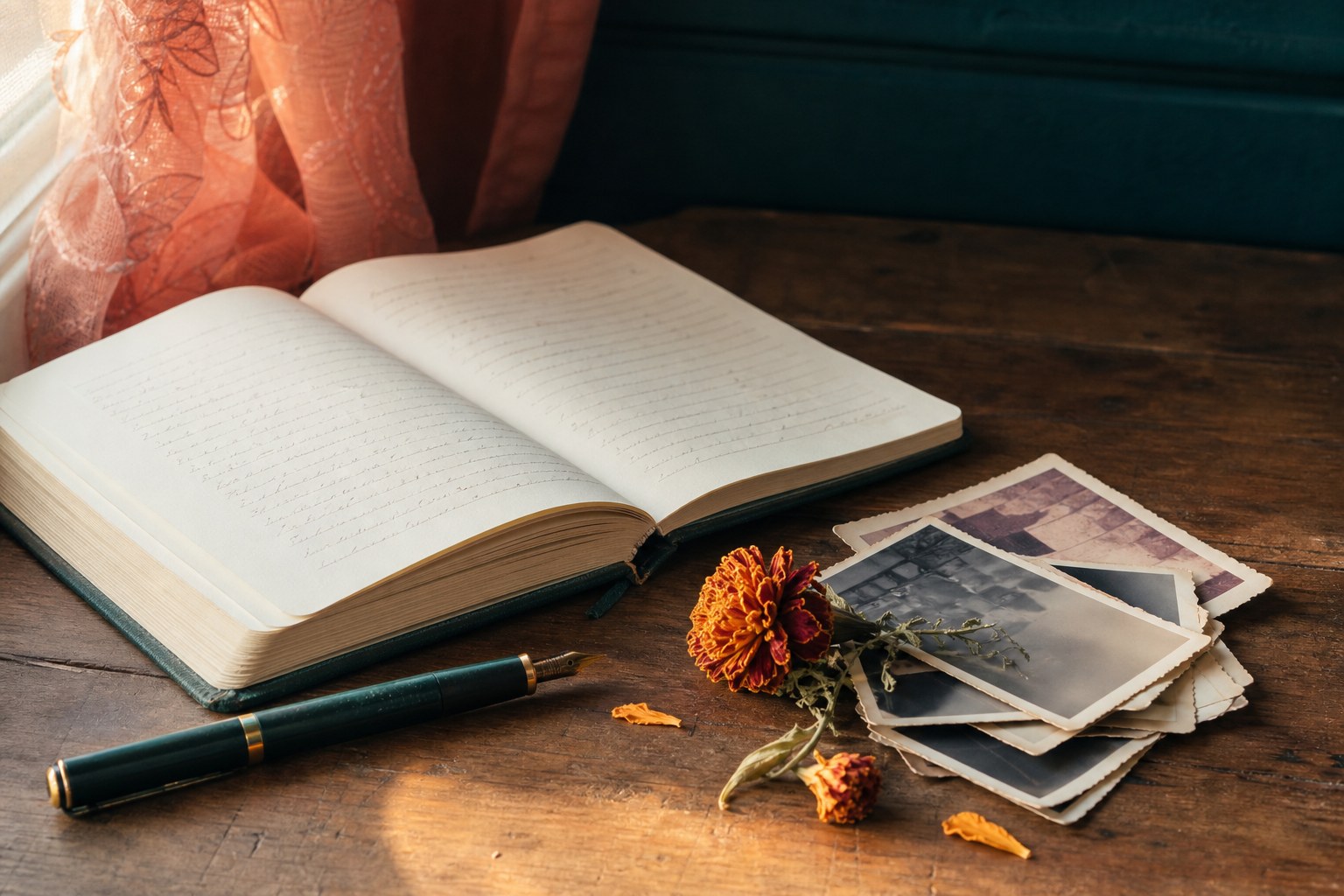 An open notebook, fountain pen, family photographs, and marigolds on a wooden table