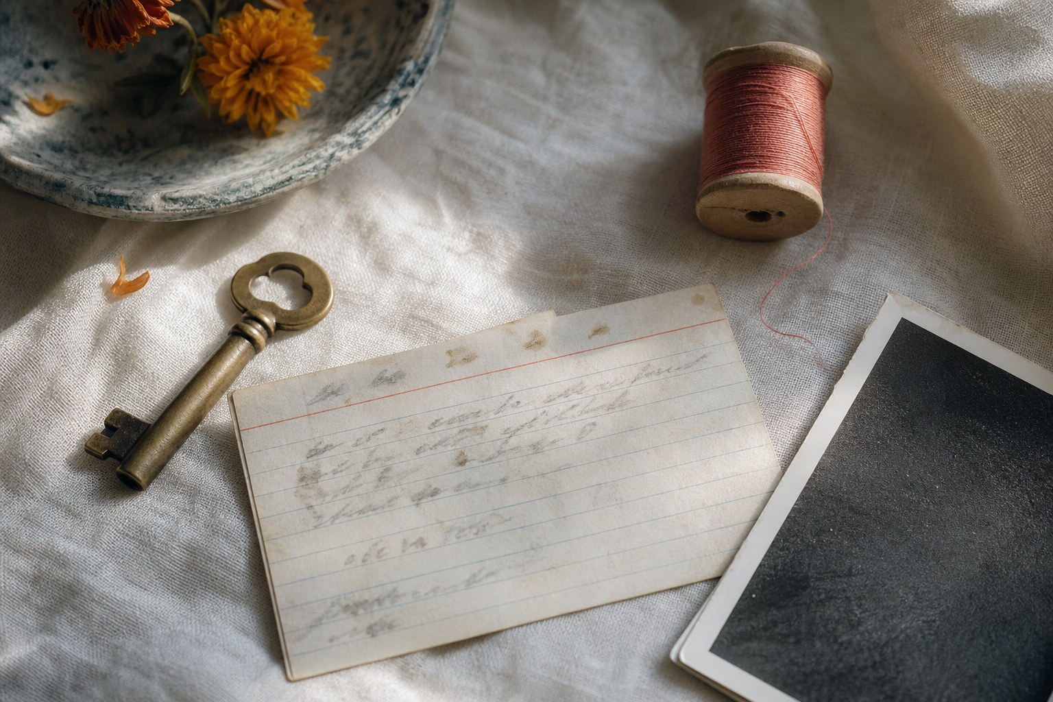 An old brass key, recipe card, thread, and photograph on cream linen