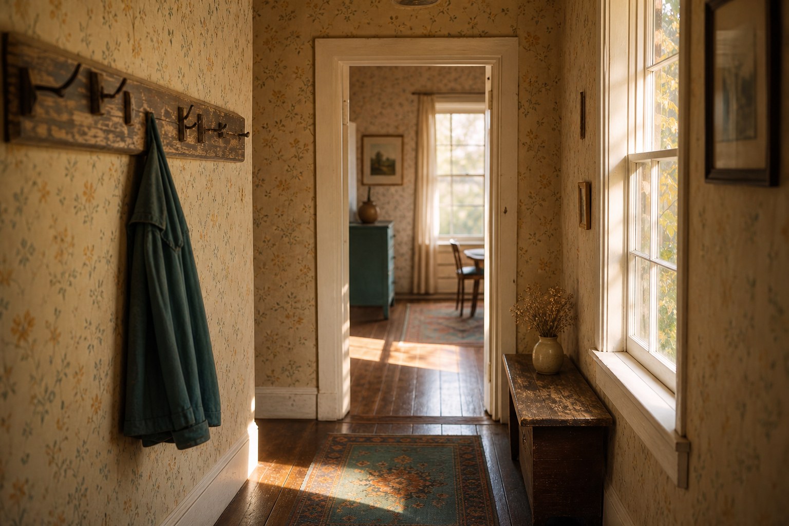 A sunlit vintage hallway with a coat hook and a doorway into another room