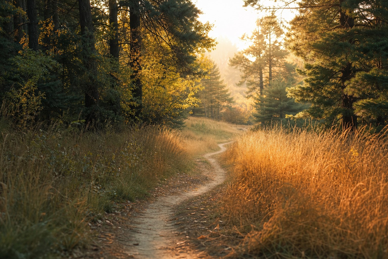 A winding path through sunlit autumn grass and trees