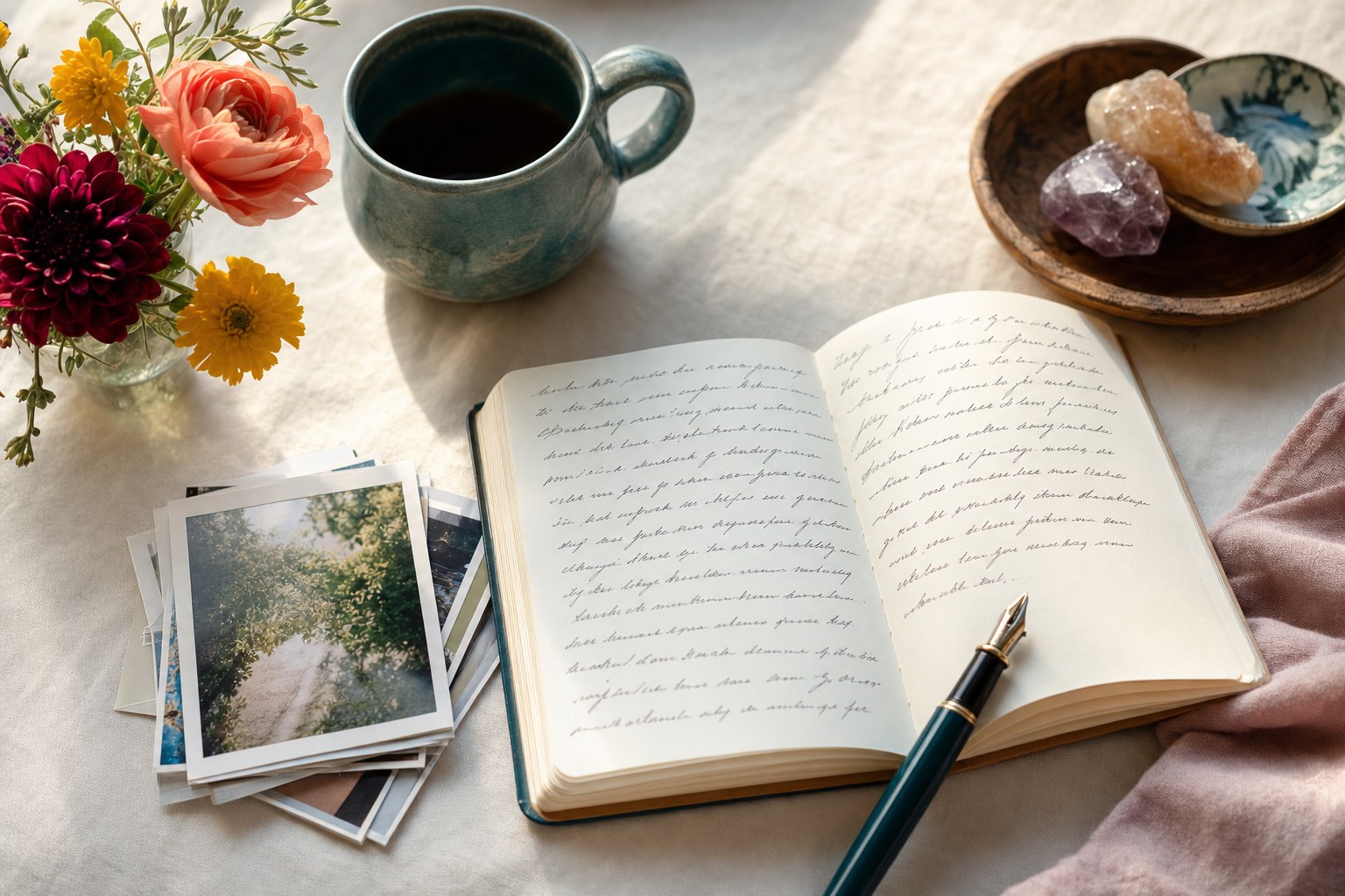 Notebook, fountain pen, family photographs, and flowers on a cream tablecloth