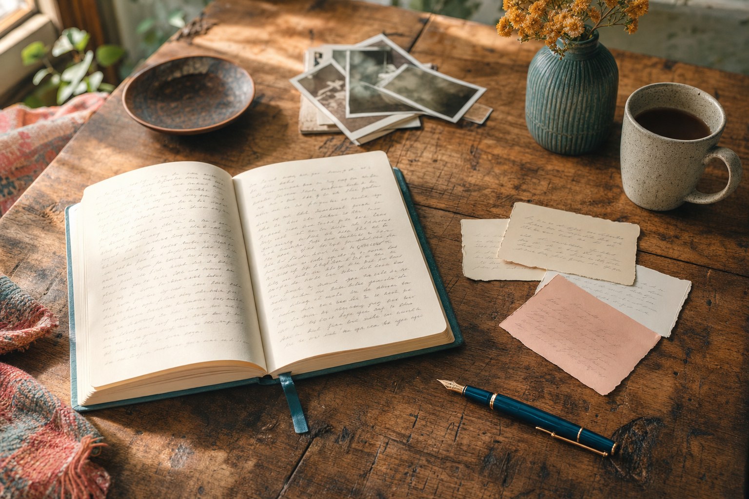 An open notebook and small paper slips on a warmly lit writing table