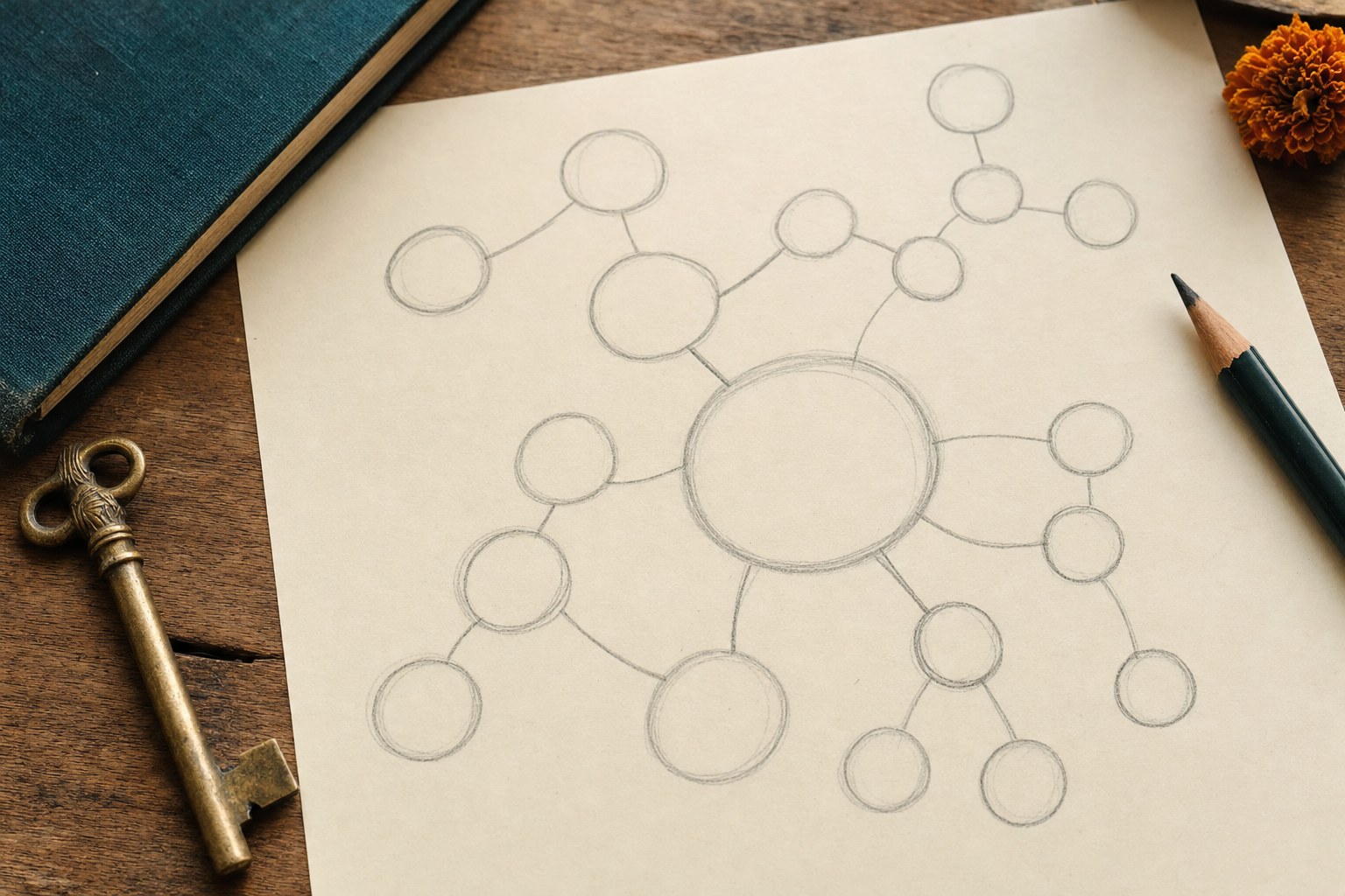 A simple hand-drawn memory map beside a pencil and old key