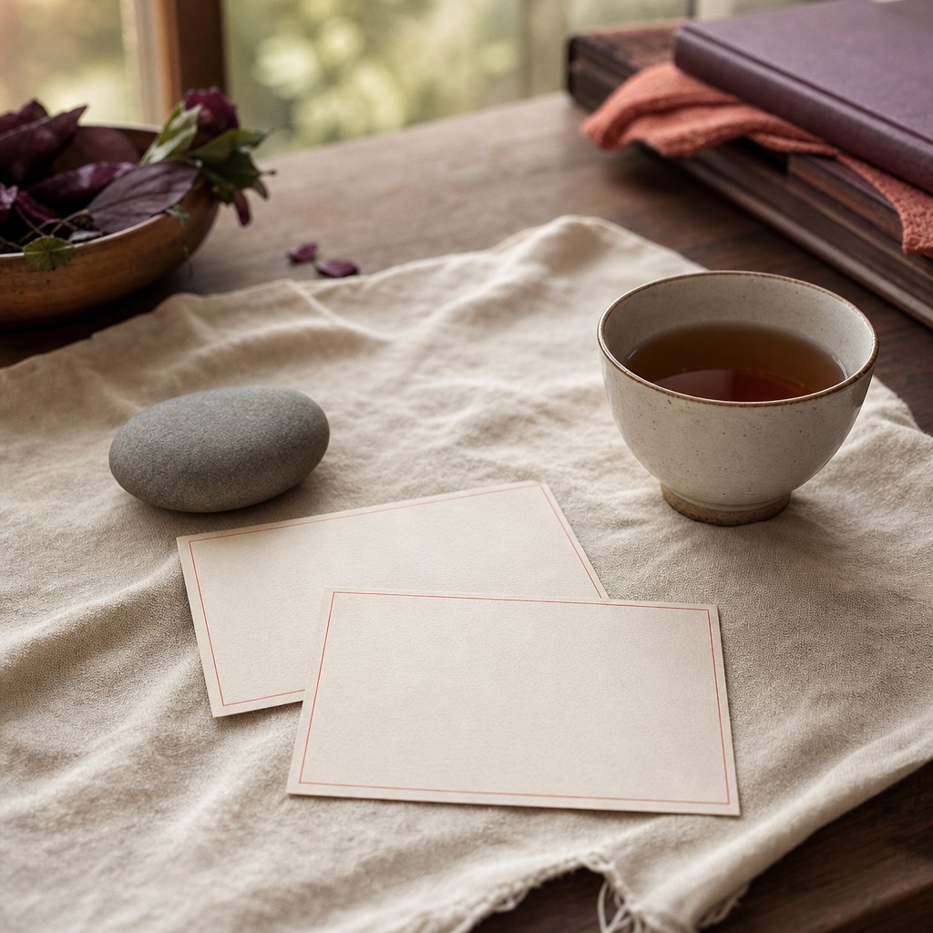 Blank index cards, a smooth stone, and tea arranged for quiet reflection
