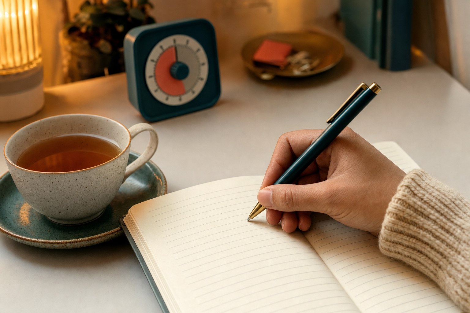 A hand writing in a notebook beside tea