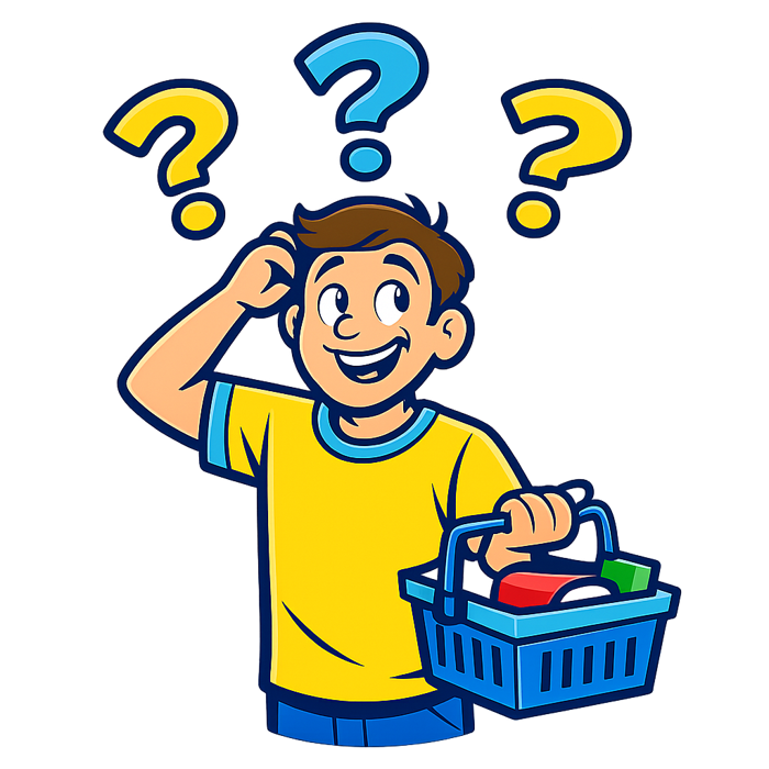 Cartoon shopper scratching their head with question marks and a shopping basket