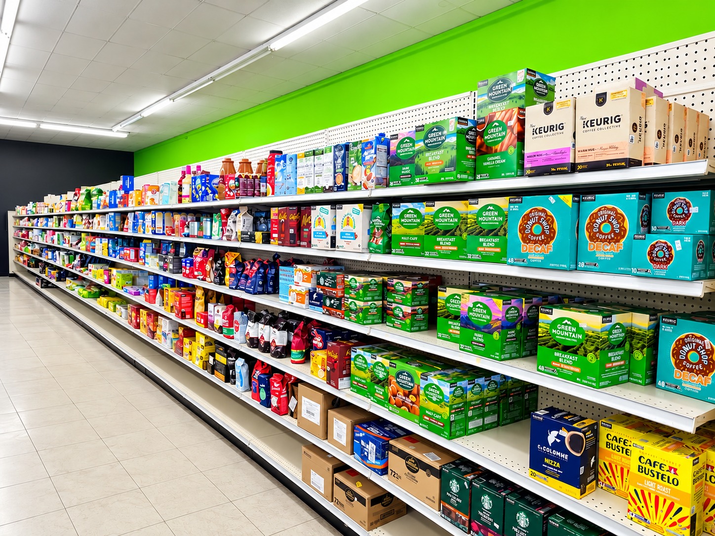 Shelves of coffee, drinks, and packaged groceries at Local Line Deals