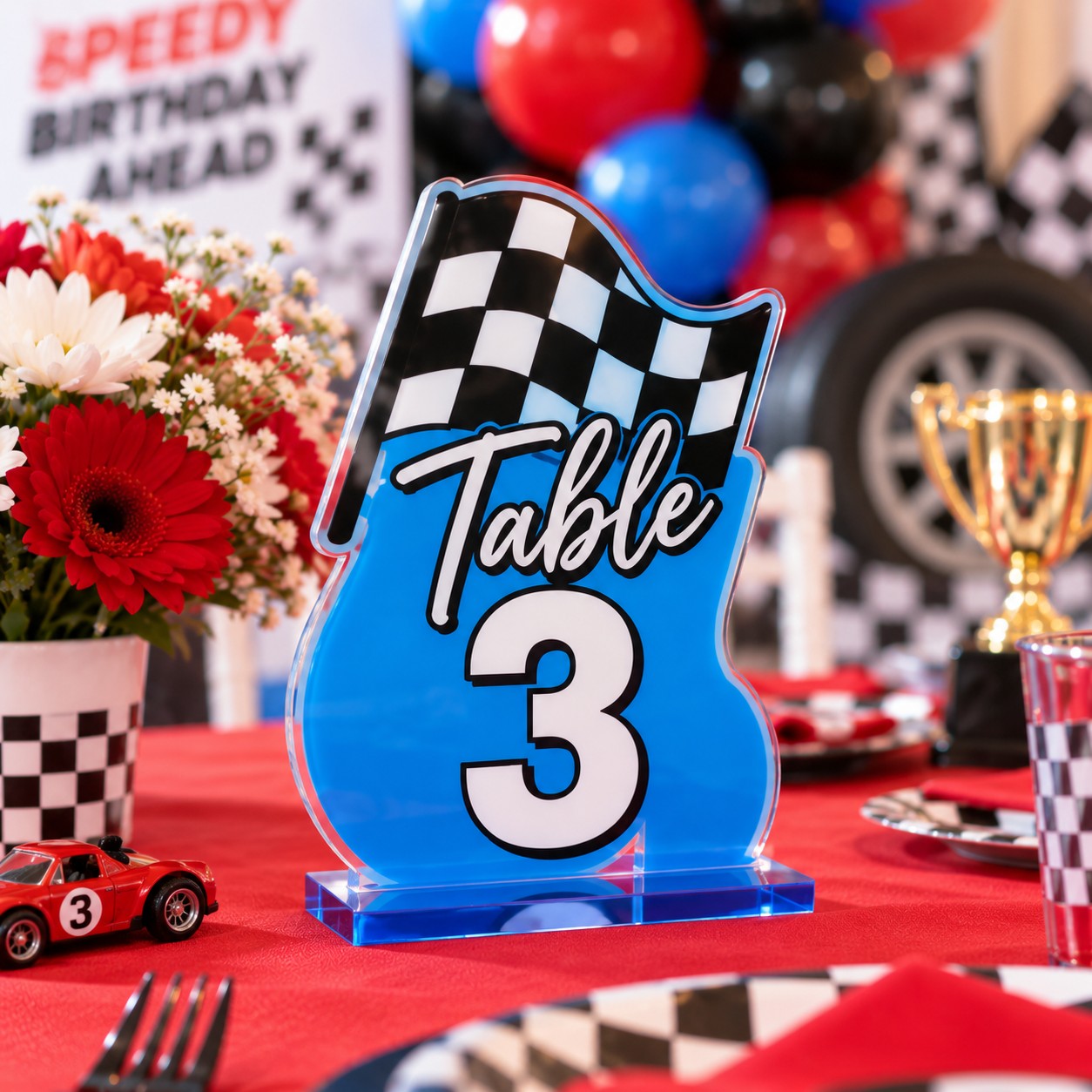 Custom racing birthday acrylic table sign by JYS Party Decor