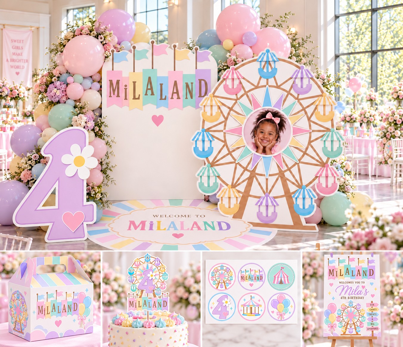 Pastel custom kids birthday backdrop with a Ferris wheel and matching party decor