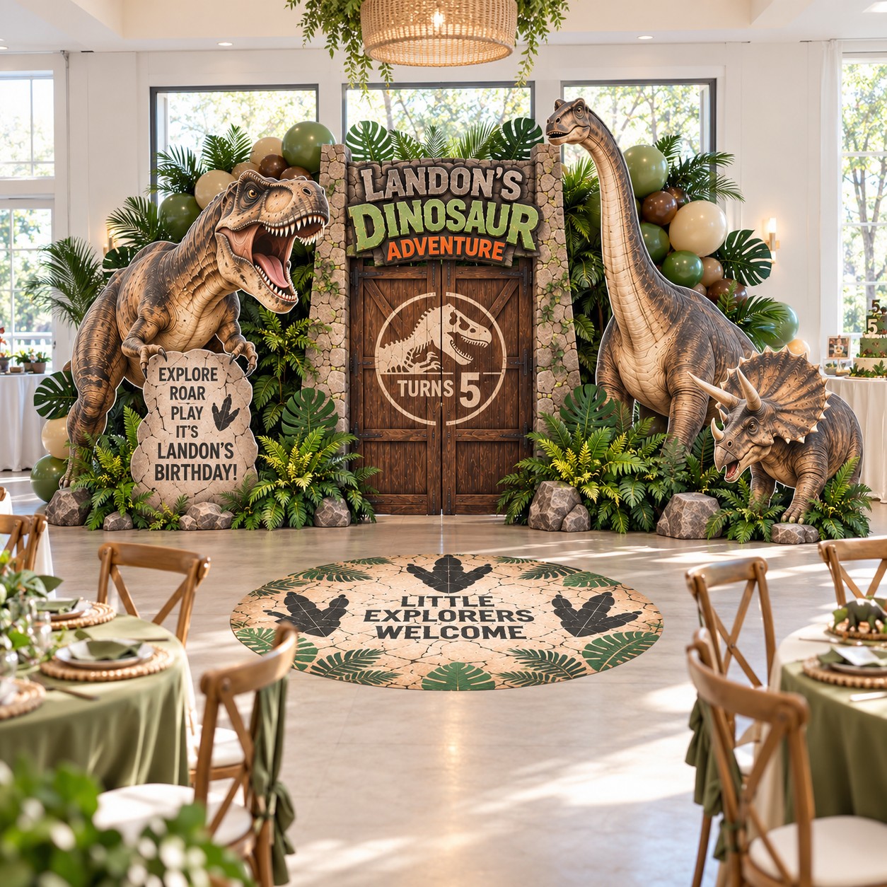 Custom dinosaur birthday backdrop and party setup by JYS