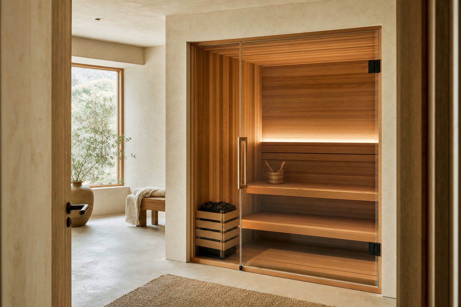 A refined cedar home sauna in a contemporary wellness room