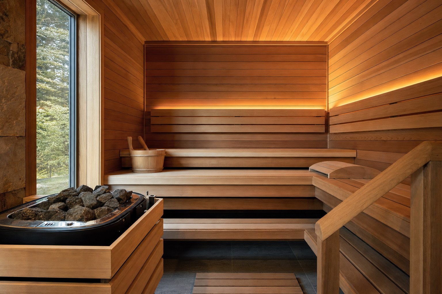Warm cedar sauna interior with benches and heater stones