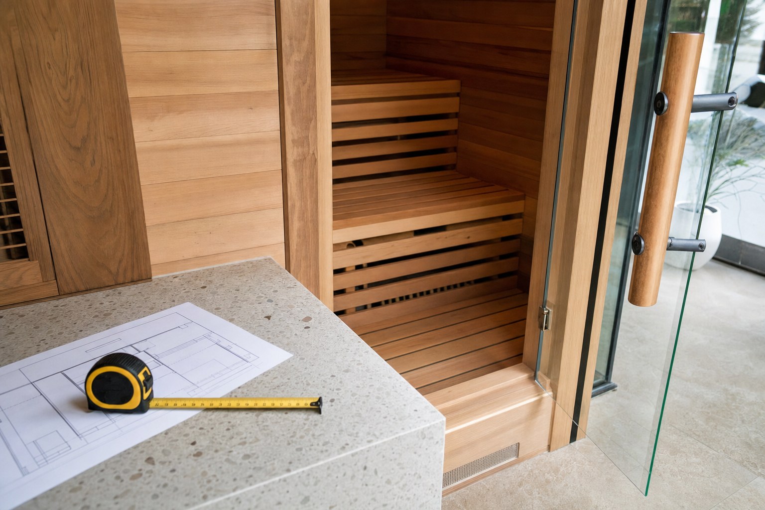 Measuring tape and a simple floor plan beside a cedar sauna entrance