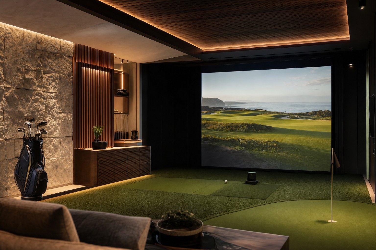 Dedicated indoor golf simulator room with putting turf