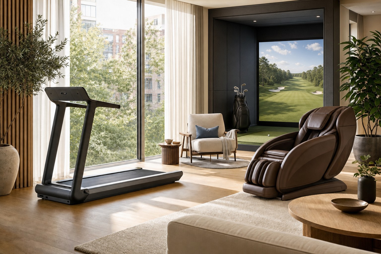 A golf simulator room with a comfortable viewing chair