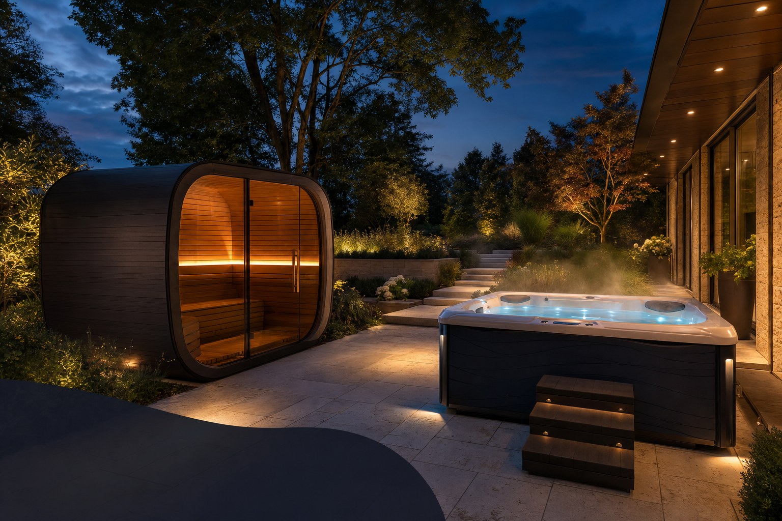 Una elegante sauna exterior y bañera de hidromasaje