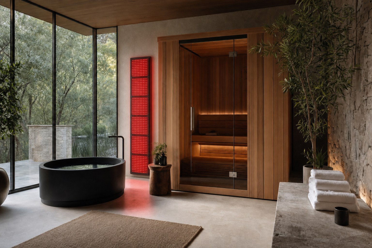 A cedar home sauna in a calm, contemporary wellness room