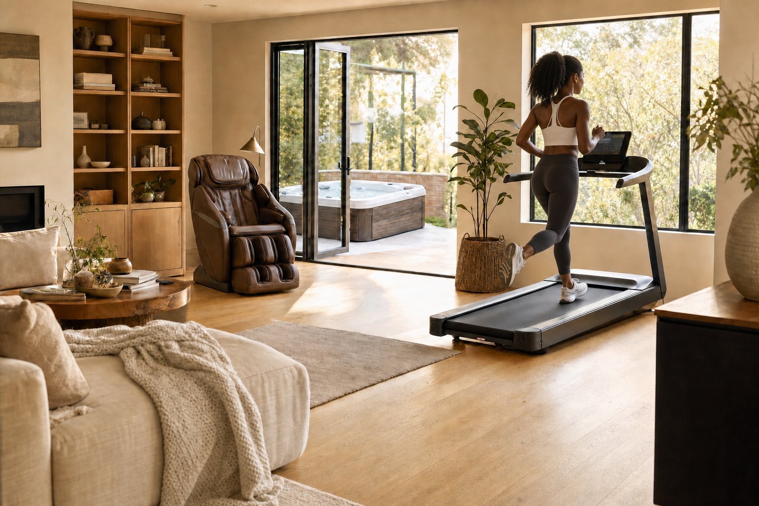 A Black woman running on a treadmill in a warm home fitness room, with a brown massage chair and a whirlpool on the patio