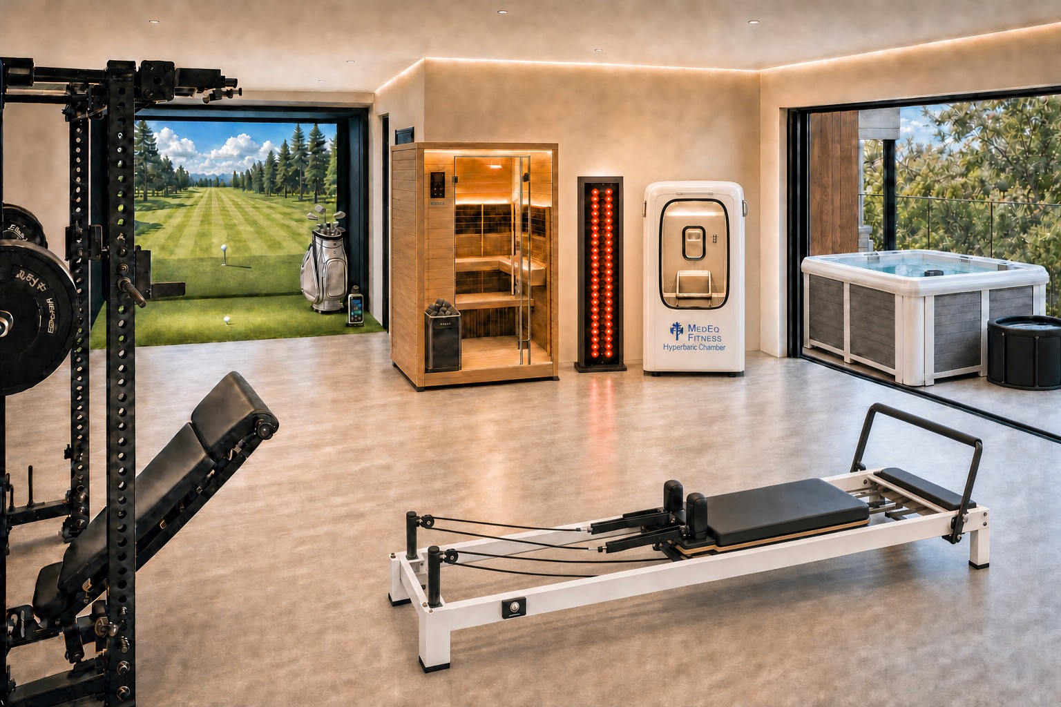 A complete home wellness space with strength equipment, a Pilates reformer, golf simulator, sauna, red light panel, hyperbaric chamber and outdoor tubs