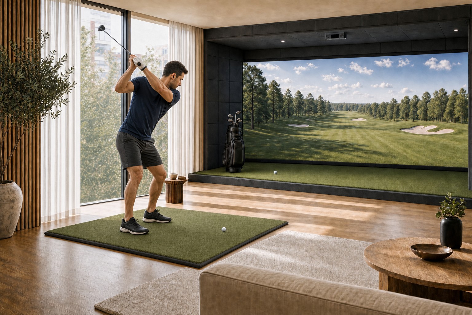 A golfer practicing his swing in a simulator