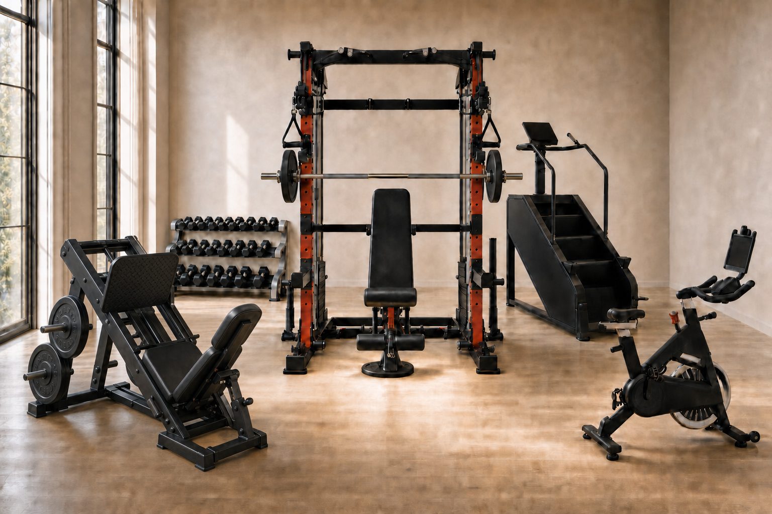 A home gym with a compact leg press, dumbbell rack, Smith machine, stair climber and exercise bike