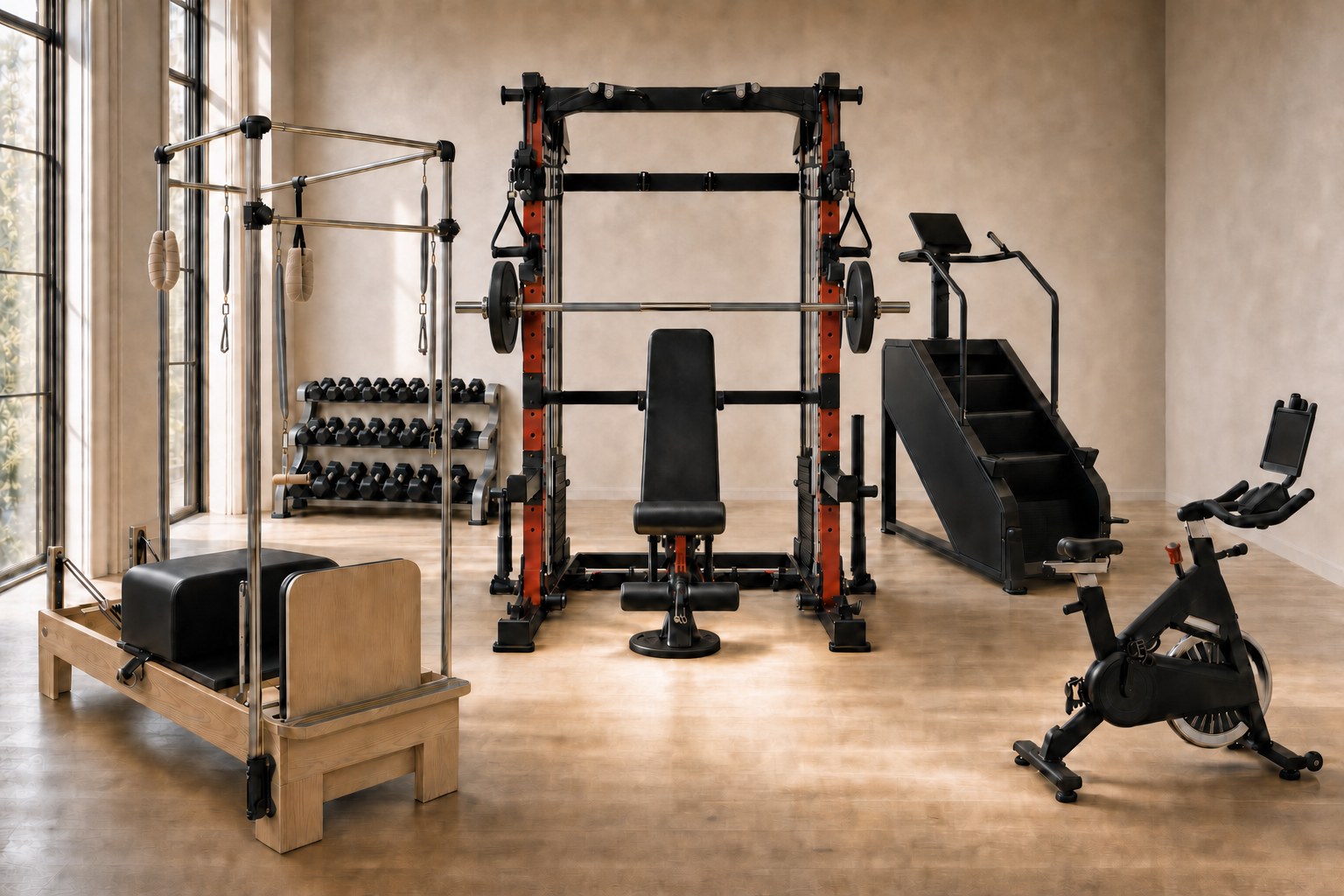 Una sala completa de entrenamiento de fuerza en casa