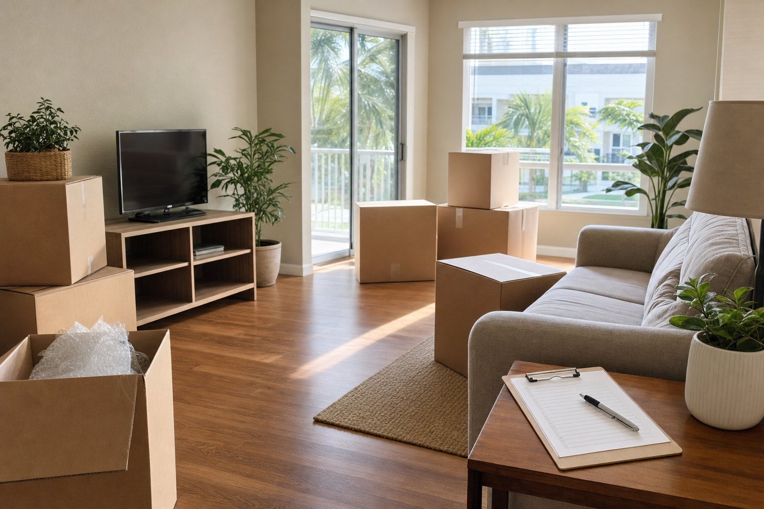 Florida apartment living room prepared for a move with moving boxes and a checklist