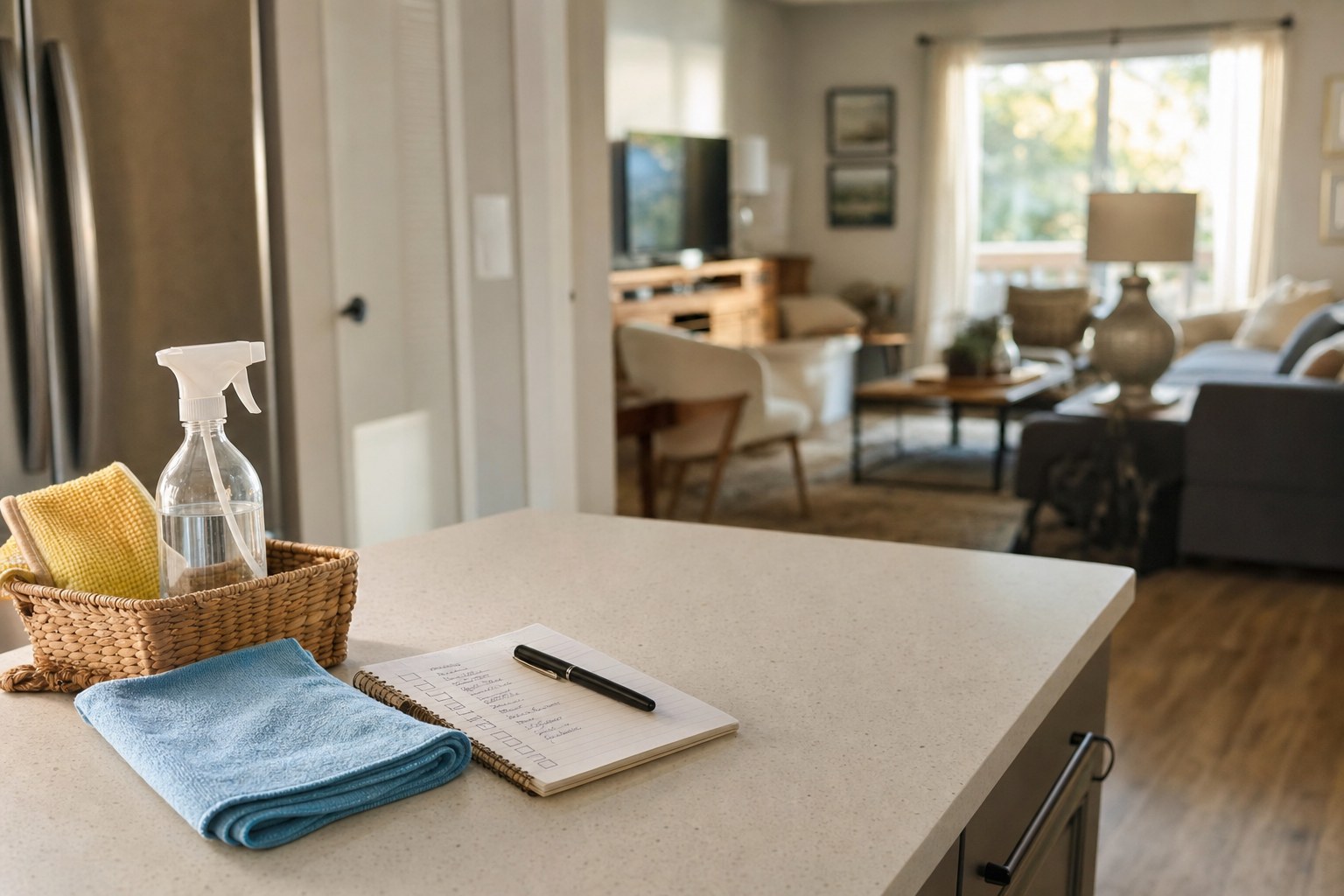 Cleaning checklist, microfiber cloth, and supplies on a bright home kitchen counter