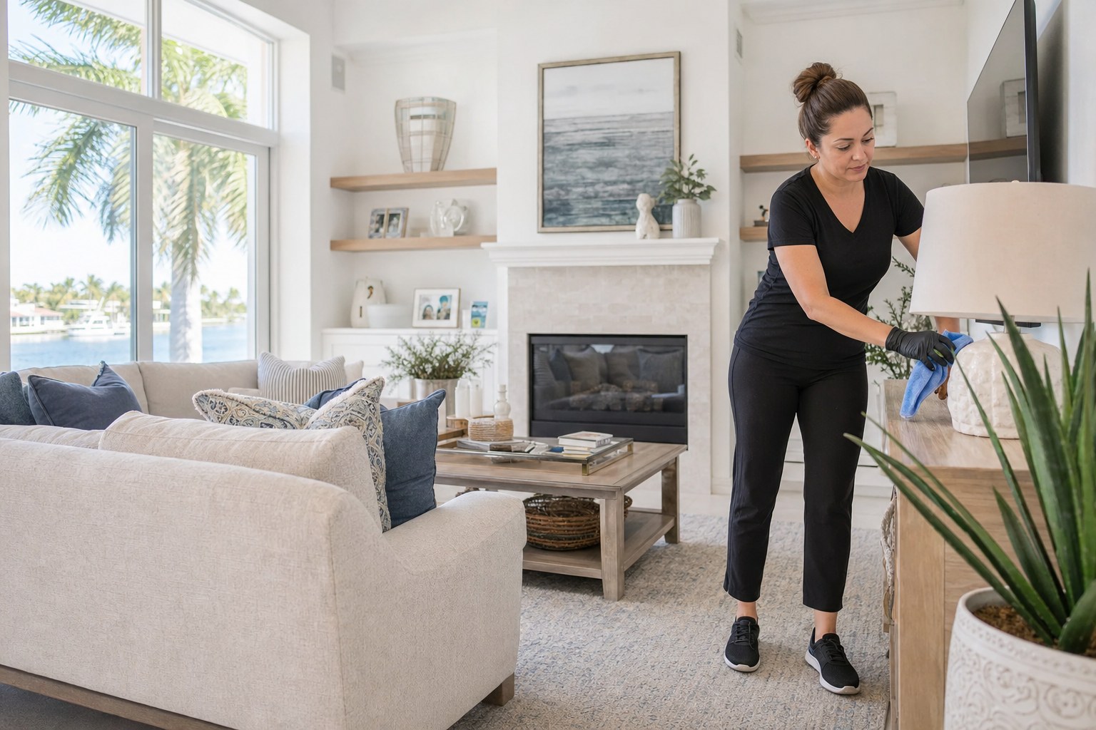 Professional cleaner refreshing a bright Florida living room before move-in