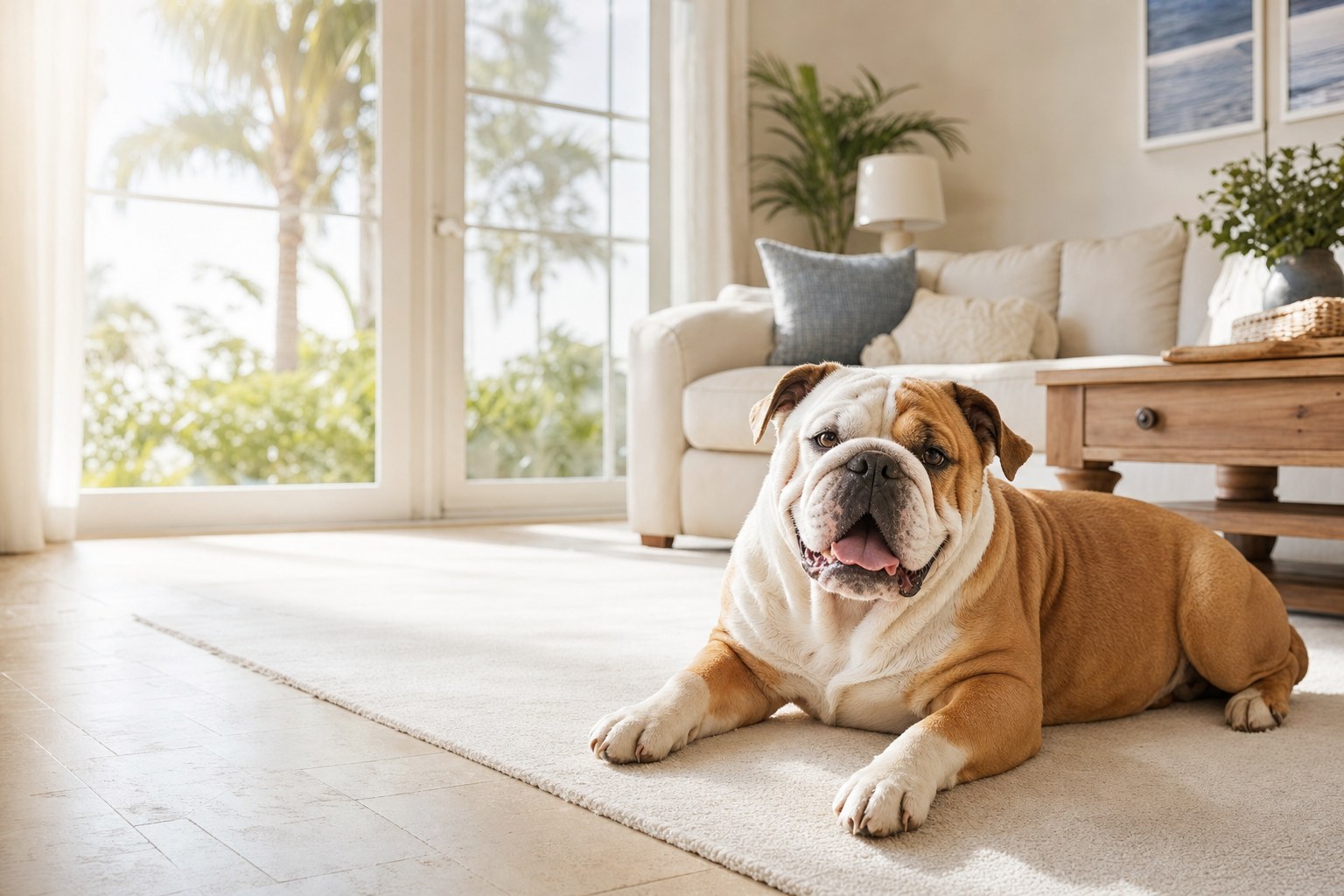 Friendly bulldog resting on a rug in a bright, freshly cleaned home